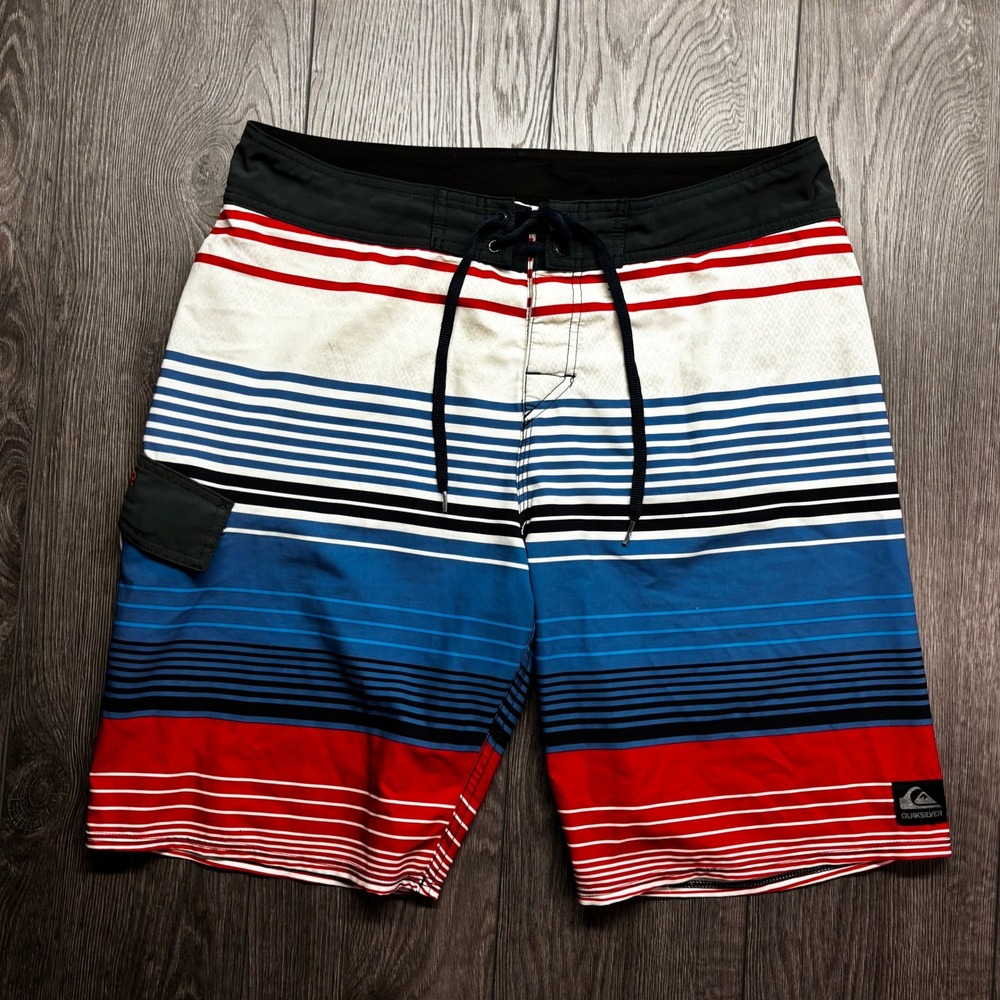 Quiksilver Mens Board Shorts Size 36 Red White Blue Striped Y2K Swim Trunks